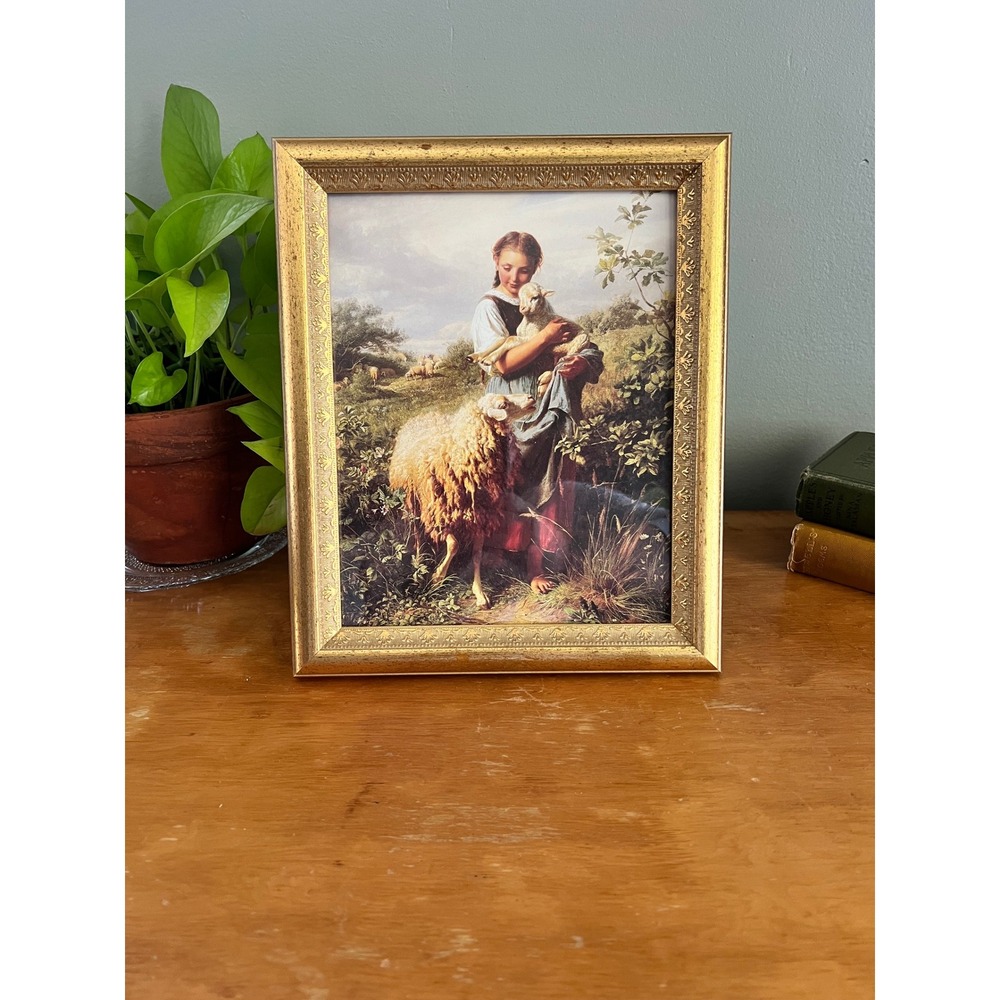 The Shepherdess Art Print in Gold Ornate Frame 12x10 Pastoral Scene Cottage Core